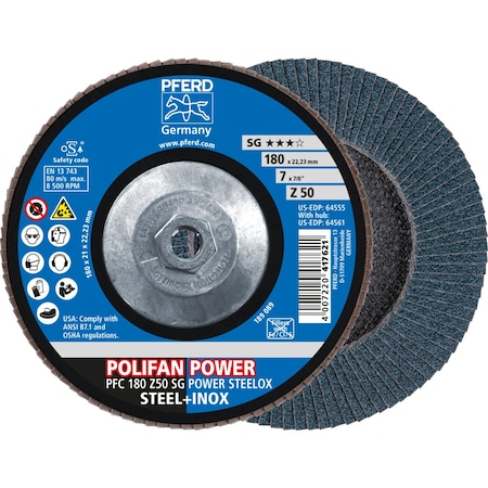 Pferd Flap Disc, 7''x5/8-11, Z SG POWER STEELOX, 50 Grit, T29, Conical, Zirconia 64561